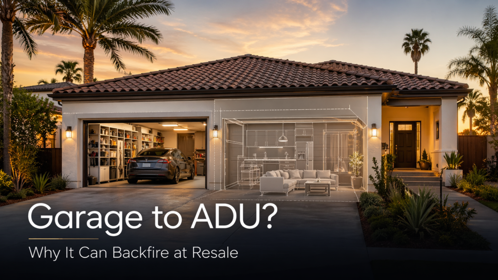 Split-image of a Southern California single-family home at sunset showing a functional garage with a parked car and storage on one side, and a concept overlay of a garage conversion into an ADU on the other.