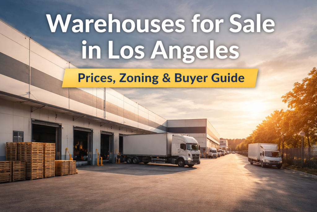 warehouses for sale in los angeles industrial building with loading docks and trucks at distribution facility