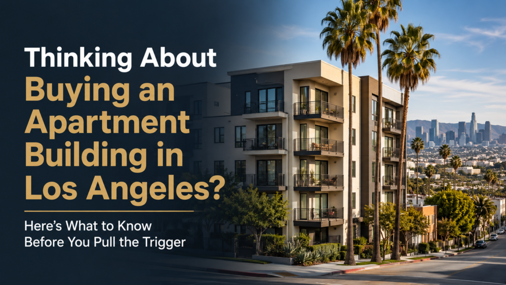 Modern Los Angeles apartment building with palm trees and skyline for a blog about buying an apartment building in Los Angeles