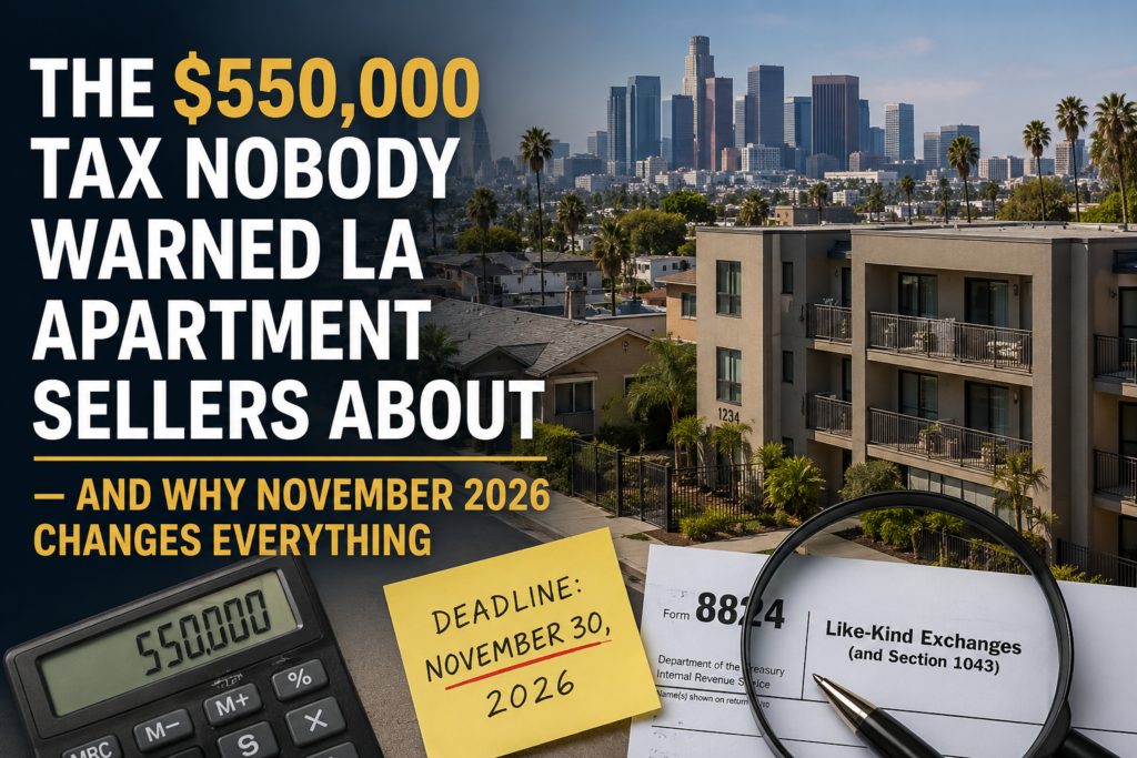 Los Angeles apartment building featured image with downtown skyline, calculator, tax form, and headline about tax issues facing LA apartment sellers in November 2026