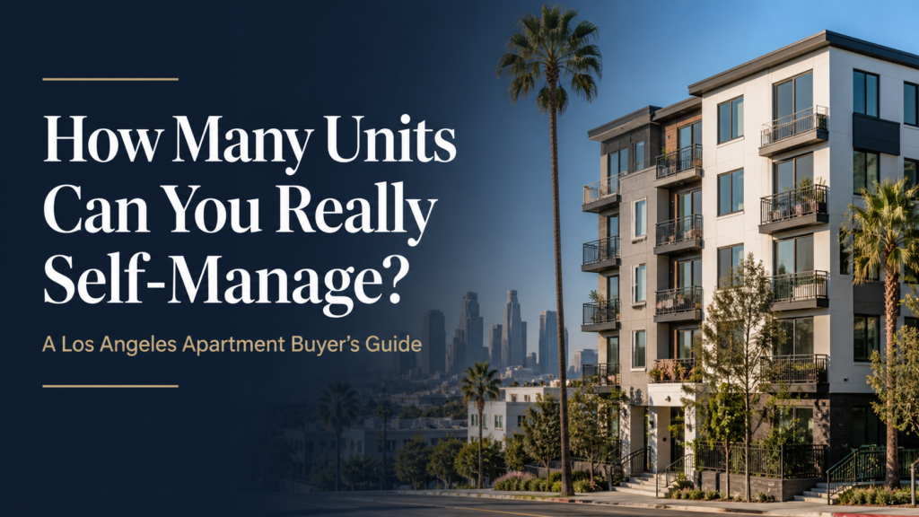 Los Angeles apartment building with blog title How Many Units Can You Really Self-Manage for an apartment buyer’s guide