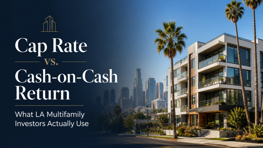 Modern Los Angeles multifamily apartment building with title Cap Rate vs Cash-on-Cash Return for real estate investors